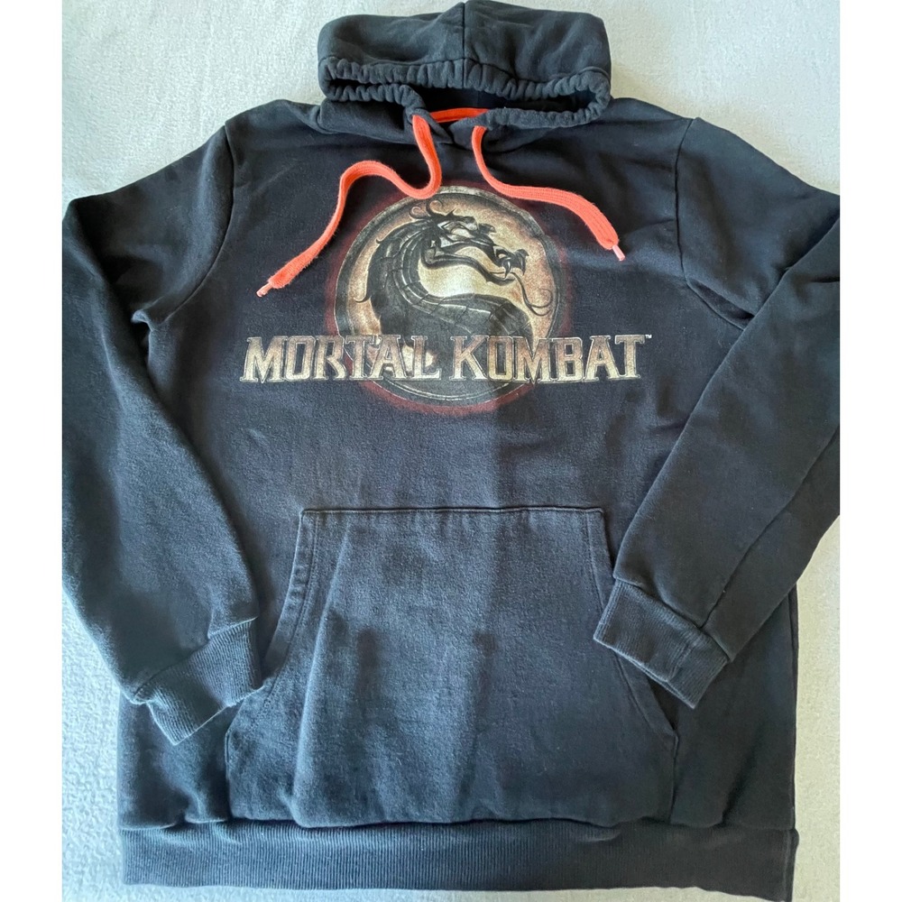 Mortal Kombat Mens Graphic Hoodie Black Orange Dragon Logo Sweatshirt XL